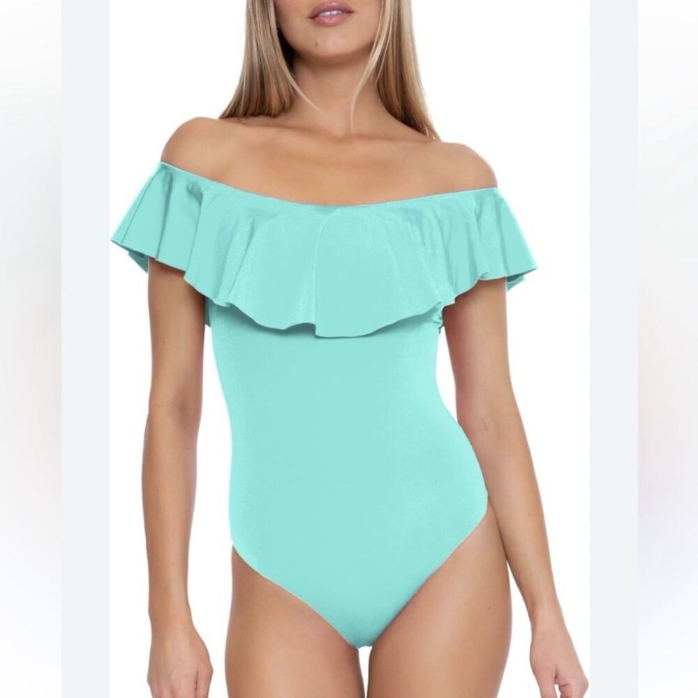 Trina Turk Monaco Off the Shoulder Ruffle One-Piece Swimsuit Aqua turquoise